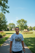 A person wearing the Dad shirt in the summer time