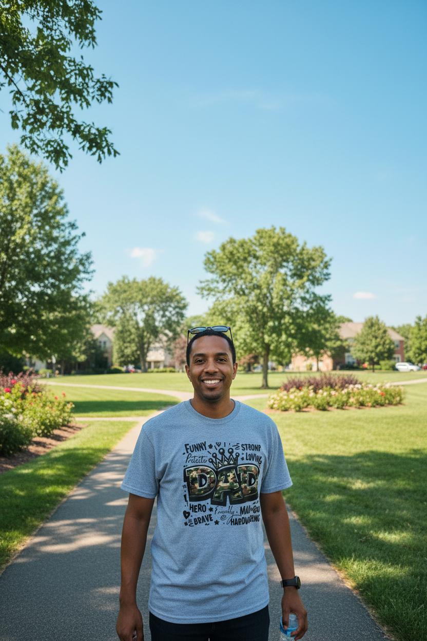 A person wearing the Dad shirt in the summer time