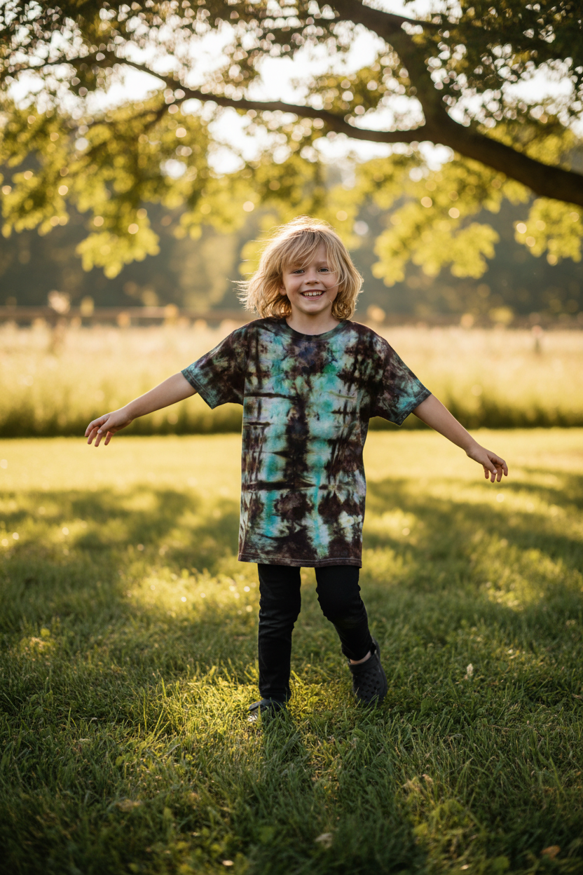 Kid wearing tie-dye shirt